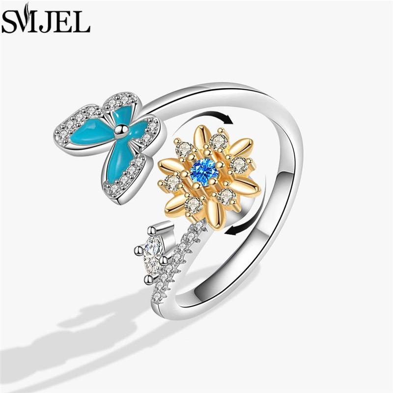 Luxury Anti Stress Anxiety Rings Fidget Spinner Ring Adjustable for Women Cute Flower Cat Starfish Ring Rotating Freely Jewelry