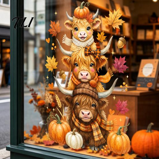 Autumn Theme Room Decor Highland Cow Window Clings, Cute Pumpkin Maple Leaves Static Party Supplies Stickers, Waterproof PVC Decals for