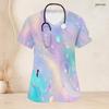 Women Plus Size V Neck Short Sleeve Galaxy Printed Nurse Scrub Top With Front Pockets