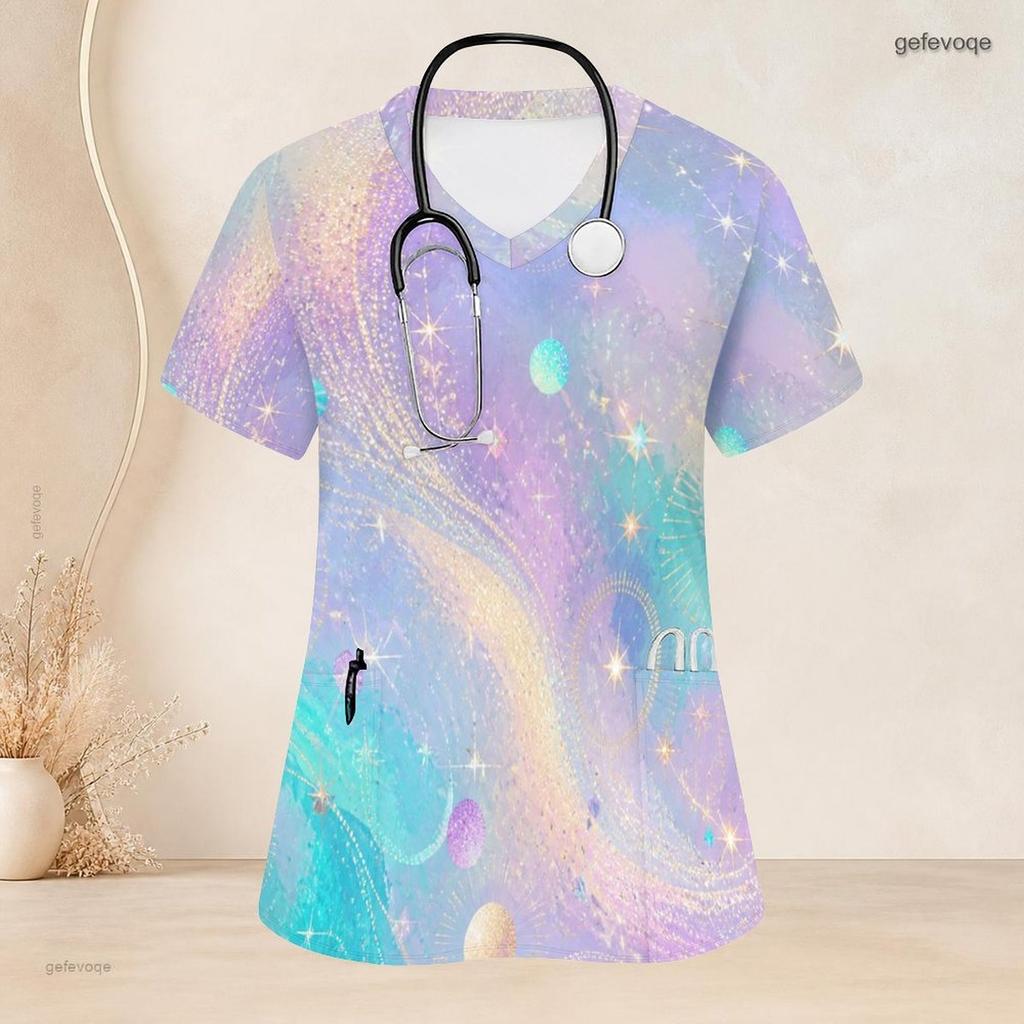 Women Plus Size V Neck Short Sleeve Galaxy Printed Nurse Scrub Top With Front Pockets