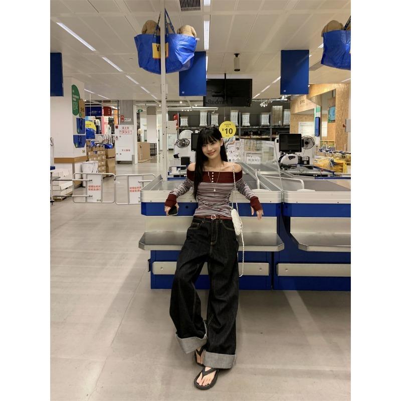 Temperament Contrast Striped Long-sleeved T-shirt for Women Spring New Slim Design One-shoulder Top