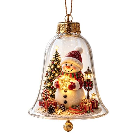 Holiday Home Atmosphere Enhancements 3D Christmas Bell Ornament, Winter Scene Clear Decoration with Santa Immersive Wonderland Ornaments Snowman