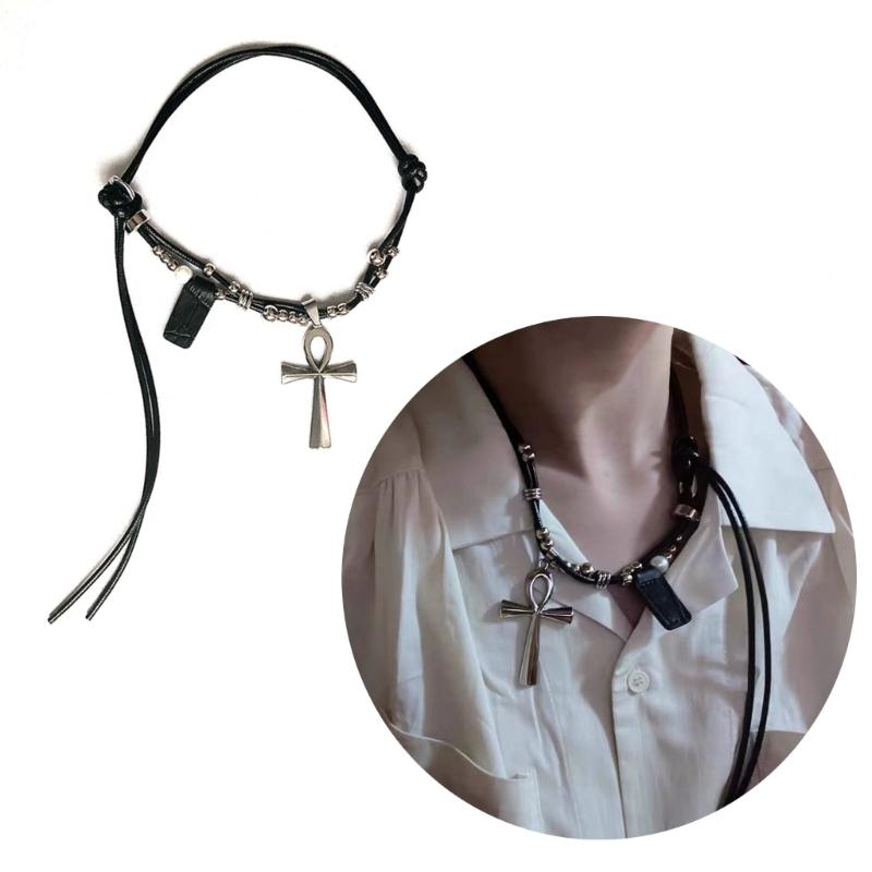Lederseil Titanstahl Halskette Kreuz Anhänger Choker Kette Lange Pulloverkette Partner Schmuck Ornament Damen Mädchen