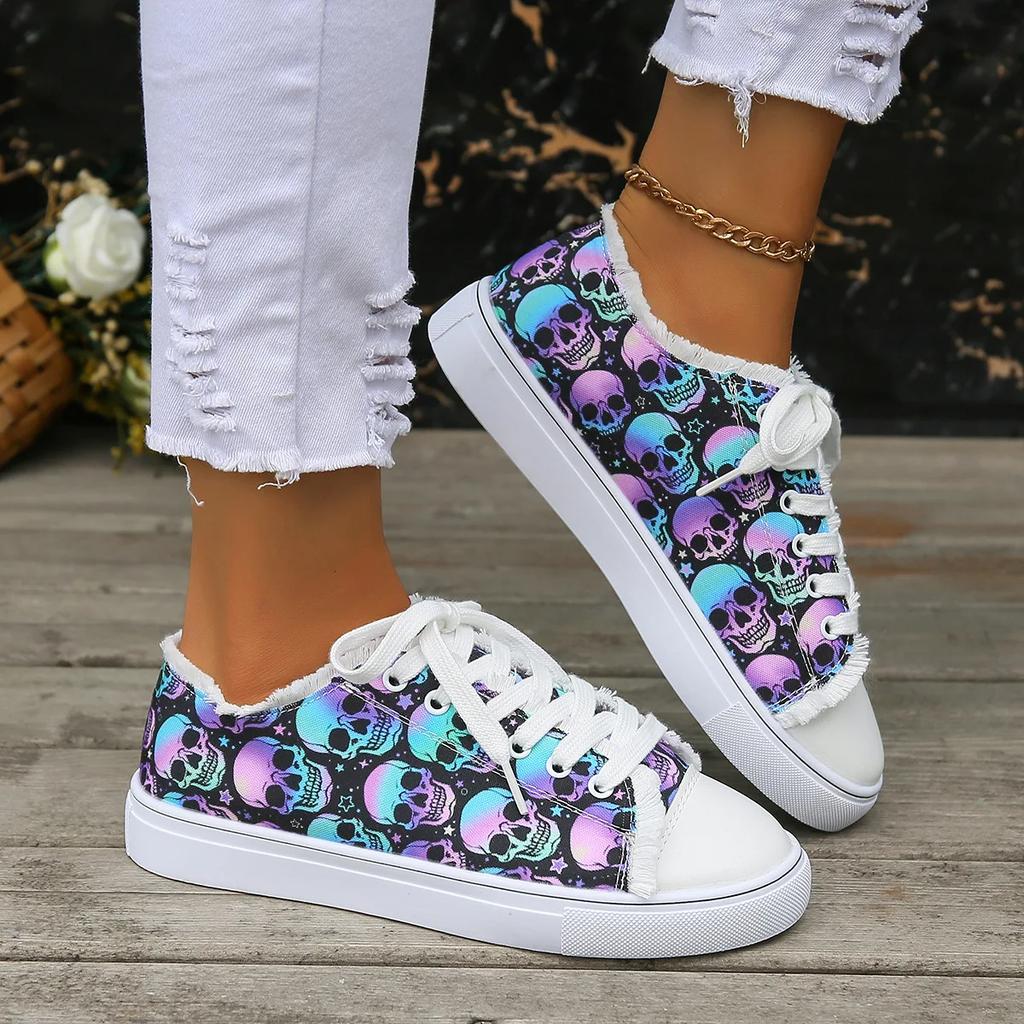 Fashion Women Canvas Shoes Fashion 3D Gradient Skull Print Casual Sneakers Breathable Comfortable Lace-up Flat Vulcanize Shoes for Women