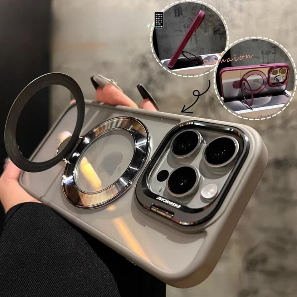 New Gold 16 Magnetic Glass Lens Stand Phone Case for iPhone 16 11 13 15 12 14 Pro Max 16 Plus Funda Magsafe Clear Cases Cover
