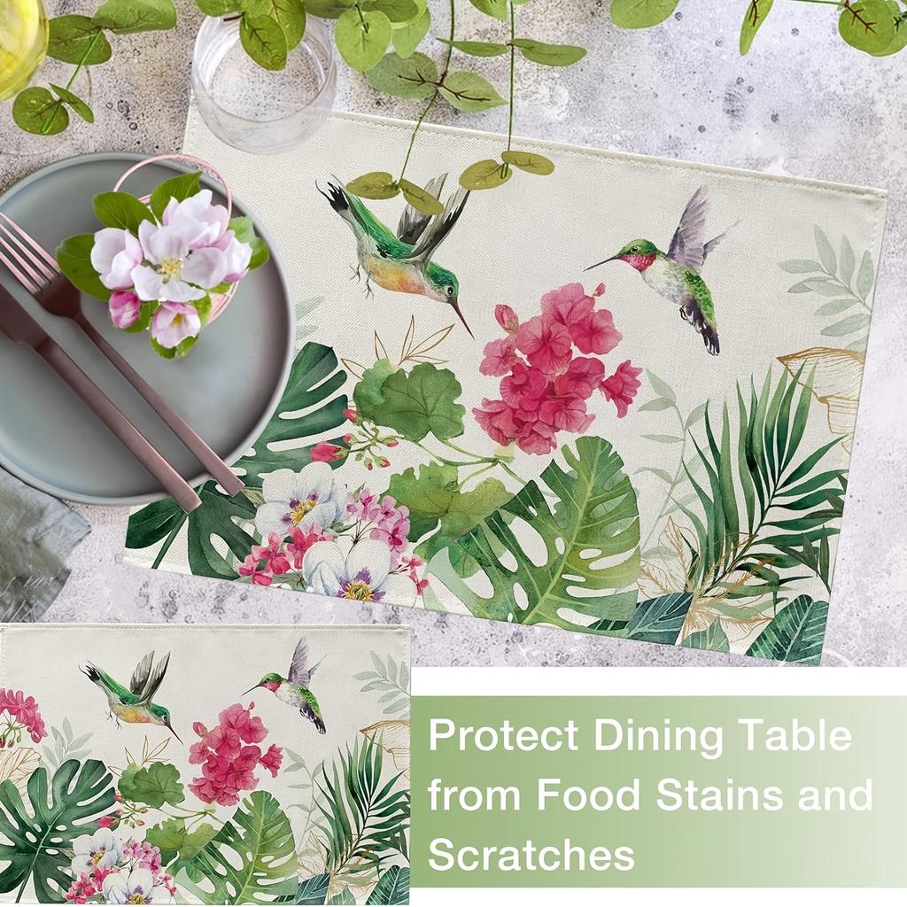 1pc Spring and Summer Geranium Flower Placemats, Red Floral Hummingbird Palm Leaf Monstera Table Placemats