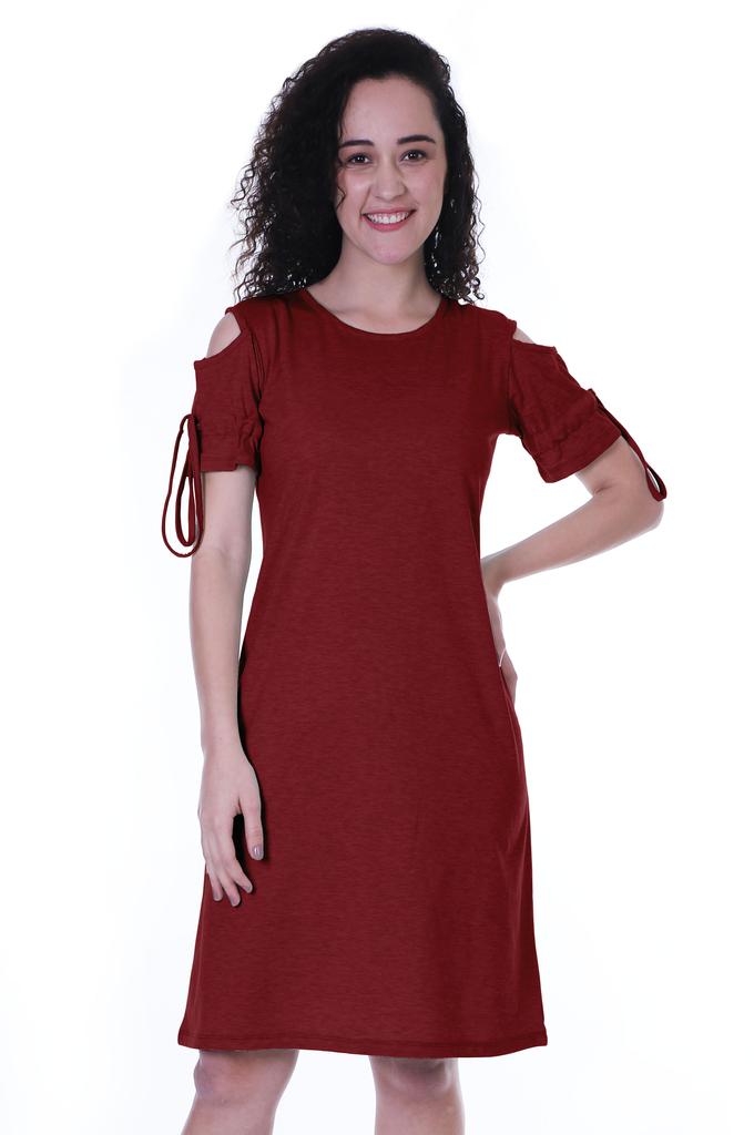 Moomaya Cold Shoulder T-shirt Dress Round Neck Casual Knee Length Summer Dresses For