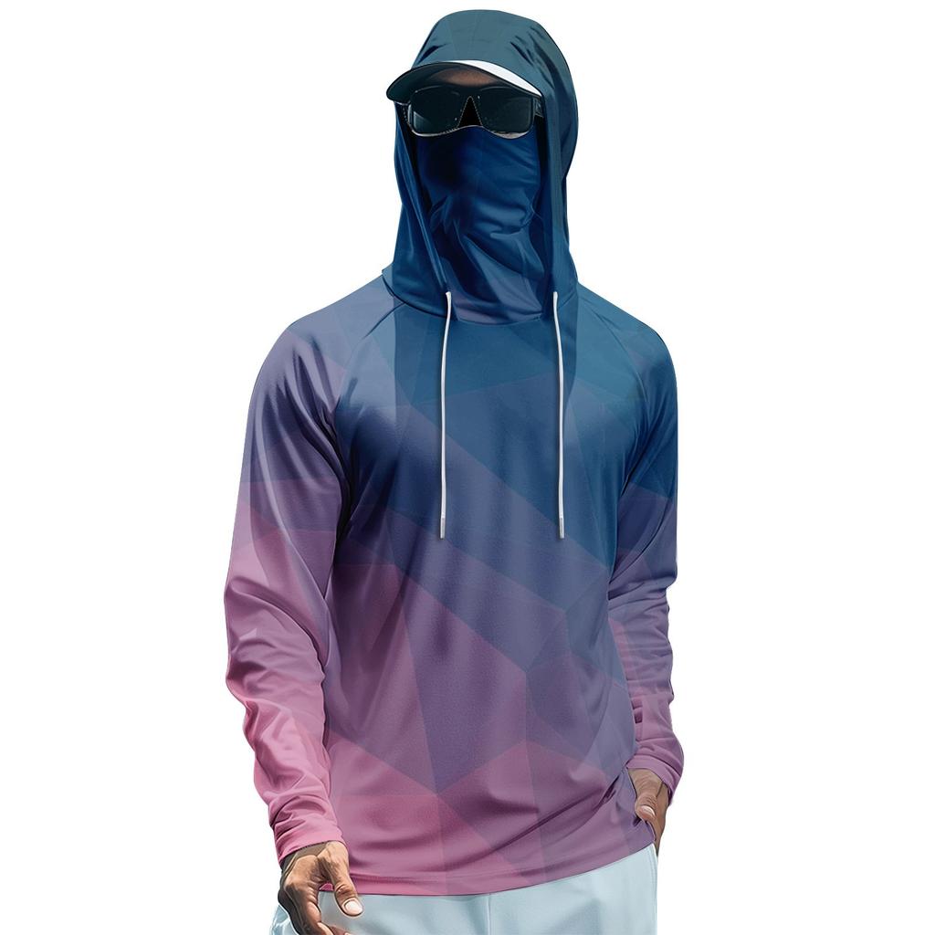 Men's Summer Gradient Color Geometry Quick-drying Long-sleeved T-shirt Sun Clothing Fishing Fitness Sports Hooded Long-sleeved Top
