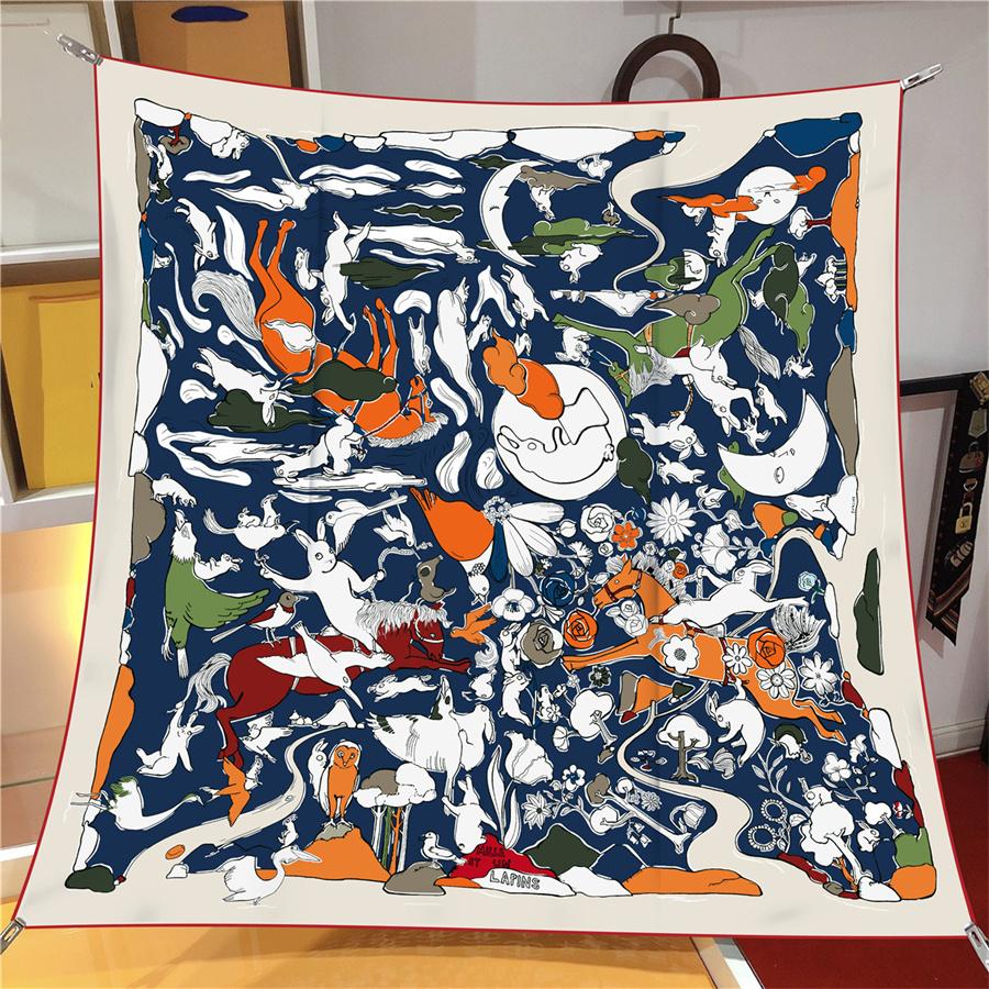 90Cm Rabbits Printed Twill Silk Scarf Shawl  Square Scarves Wraps Women Hijabs Luxury Bandana Foulards Head Neckerchief