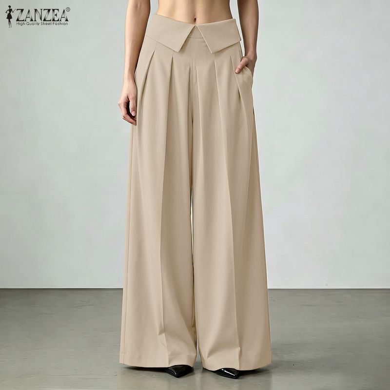 ZANZEA Woen Elastic Waist Solid Color Loose Casual Wide Leg Pants
