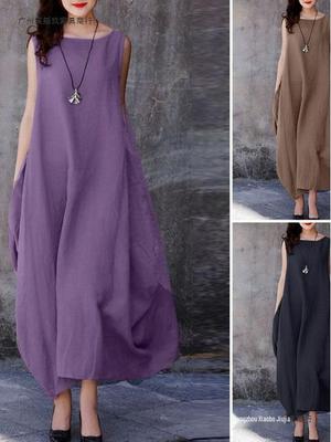 European & American 2026 Summer Women's Casual Cotton Linen Dress - Loose Fit, Wide Hem, Round Neck, Solid Color with Pockets.