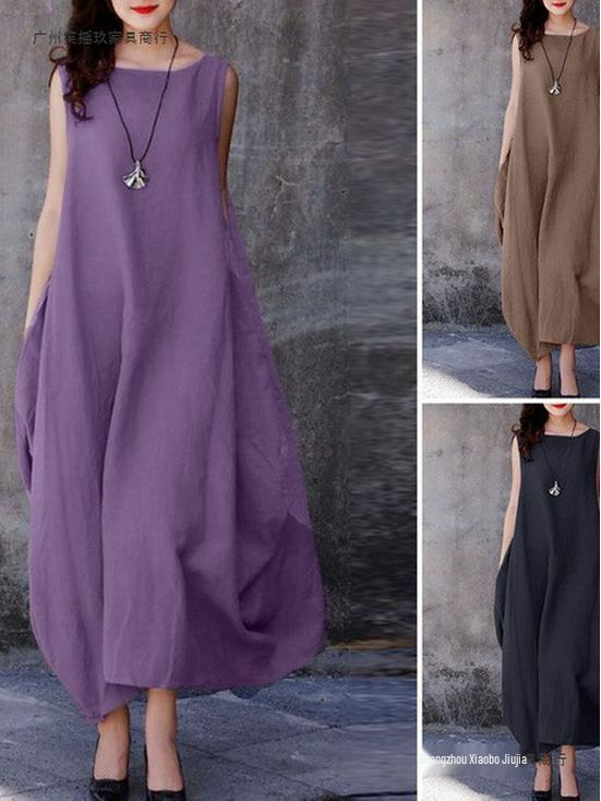 European & American 2026 Summer Women's Casual Cotton Linen Dress - Loose Fit, Wide Hem, Round Neck, Solid Color with Pockets.