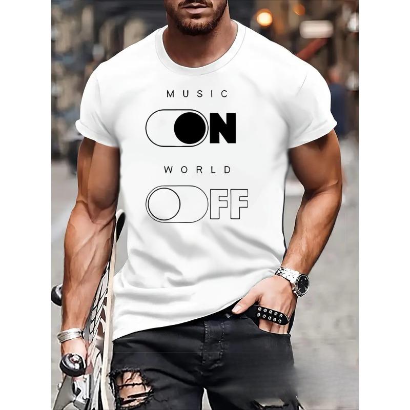 Rozmiary europejskie Męska koszulka - Nadruk nuty muzycznej i fali dźwiękowej, Oddychająca, Luźny krój, Codzienna odzież uliczna, Biała z czarnym wzorem przełącznika muzycznego dla DJ-ów