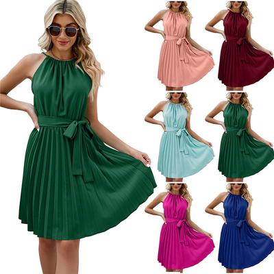 Summer Dresses for Women Casual Halter Neck Sleeveless Pleated A Line Button Back with Belt