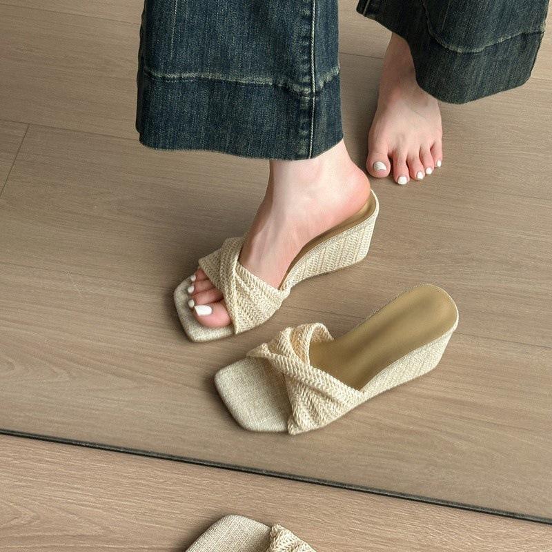 Wedges Heel Women's Fashion Slippers Square Toe Slip On Platform Shoes Pantuflas Mujer Ladies Elegant Casual Slides Beige Brown