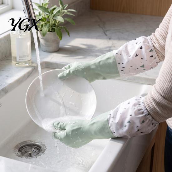 Wear Resistant Dish Gloves with Velvet Long Sleeves Dishwashing Gloves, Thick Fleece Lining Non-Slip Silicone Cleaning Thickened Winter Reusable