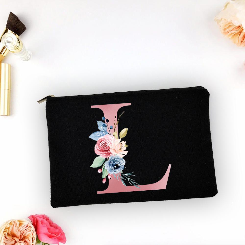 Pink Alphabet Flower A-Z Makeup Bag Make Up Pouch Women Shopping Travel Cosmetic Storage Lipstick Bags Large Capacity Organizer