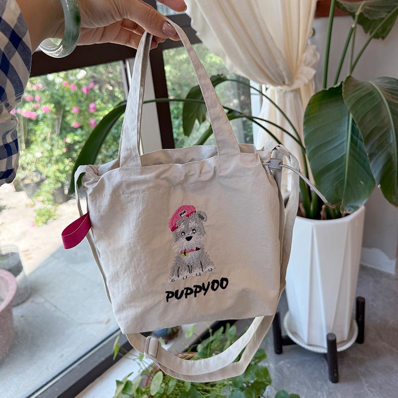 Cute Embroidery Women'S Drawstring Shoulder Bag Cartoon College Girls Book Tote Shopping Bags Large Capacity Female Handbags