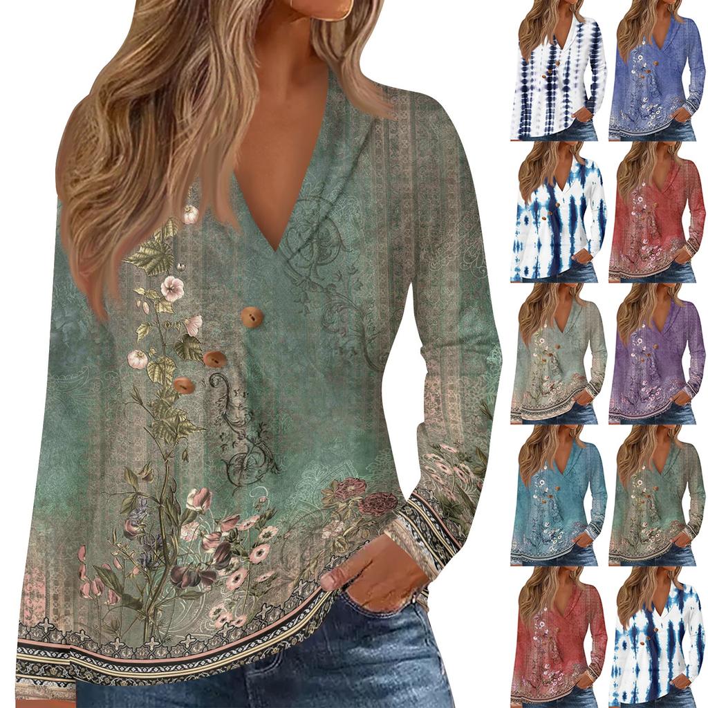 Women's T-Shirt Print V-Neck Button Ruffle Long Sleeve Top