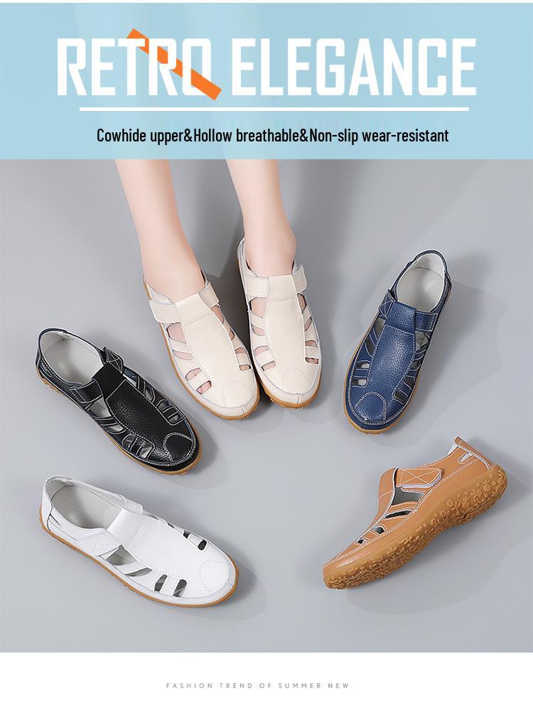 Summer Retro Handmade Cowhide Velcro Sandals with Soft Sole