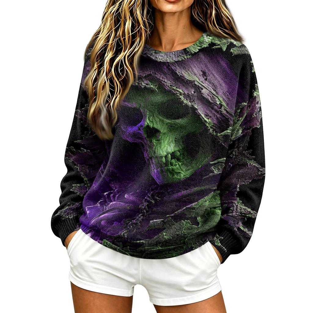 Women's Halloween Print Knit Sweater Long Sleeve Round Neck Casual Pullover