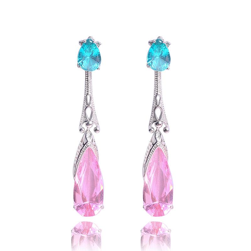 Luxuriöse Damen Rot Blau Wasser Stecker Ohrringe Mode Silbernadel Zirkonstein Ohrringe Vintage Lange Ohrringe für Frauen