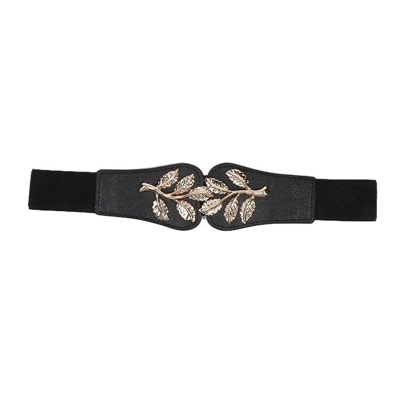 Women's Waist Belts Retro Waistband Golden Leaf Elastic Waist Closure with Double Hook Buckle Wide Belt Fashion Elegant Women Belt for Skirt
