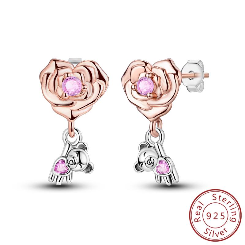 Earrings Original 925 Silver Stud Drop Hoop Earrings Rose Gold for Women Girls Party Wedding Birthday Jewelry Gift