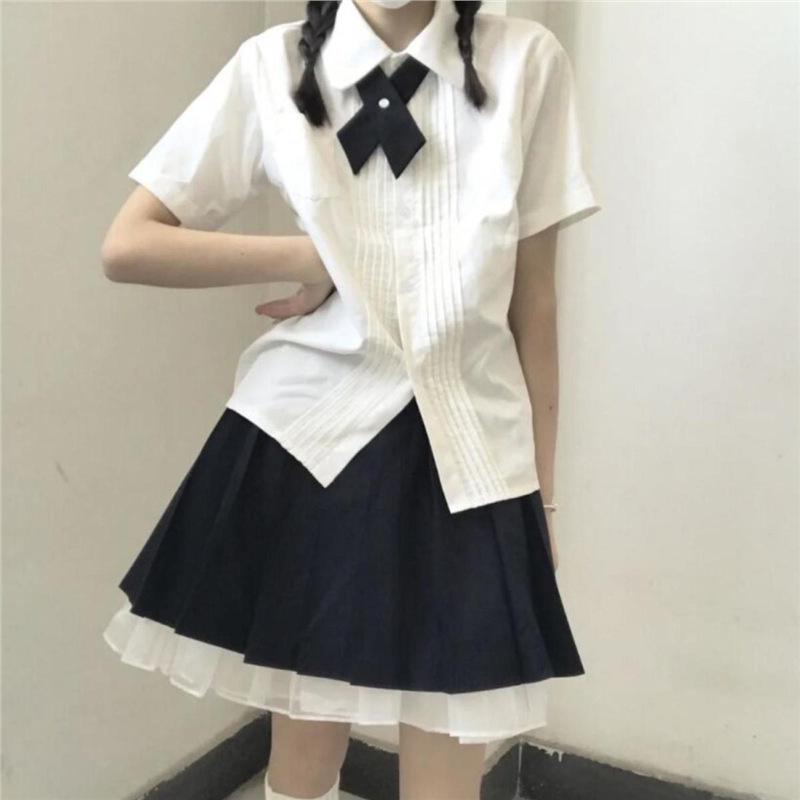 Original JK Academy Style Pleated Short Sleeve Women's Graduation Shirt In Milk White