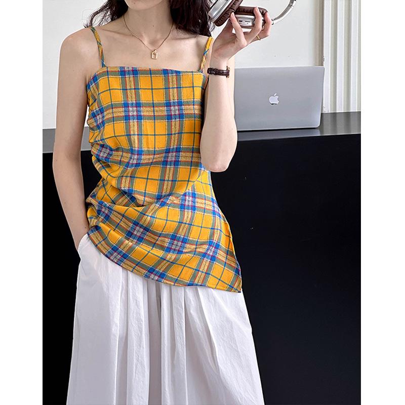 2024 Summer Orange Retro Color Block Plaid Irregular Camisole Sleeveless Top