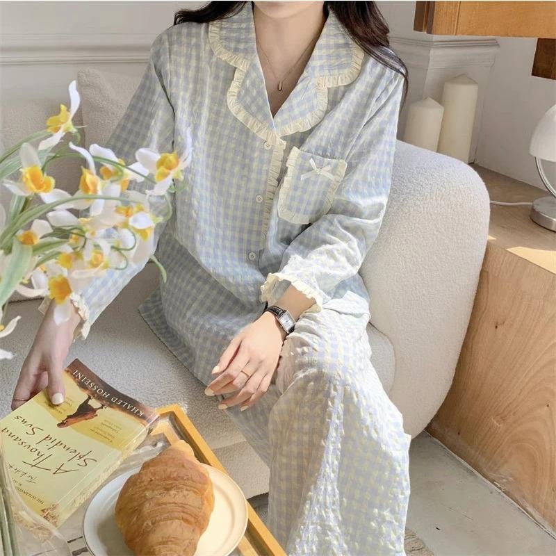 Women's Pajamas New Autumn Spring Long Sleeve Soft Sleepwear Set Grid Cartoon Pyjama Woman Home Nightwear Set Cardigan