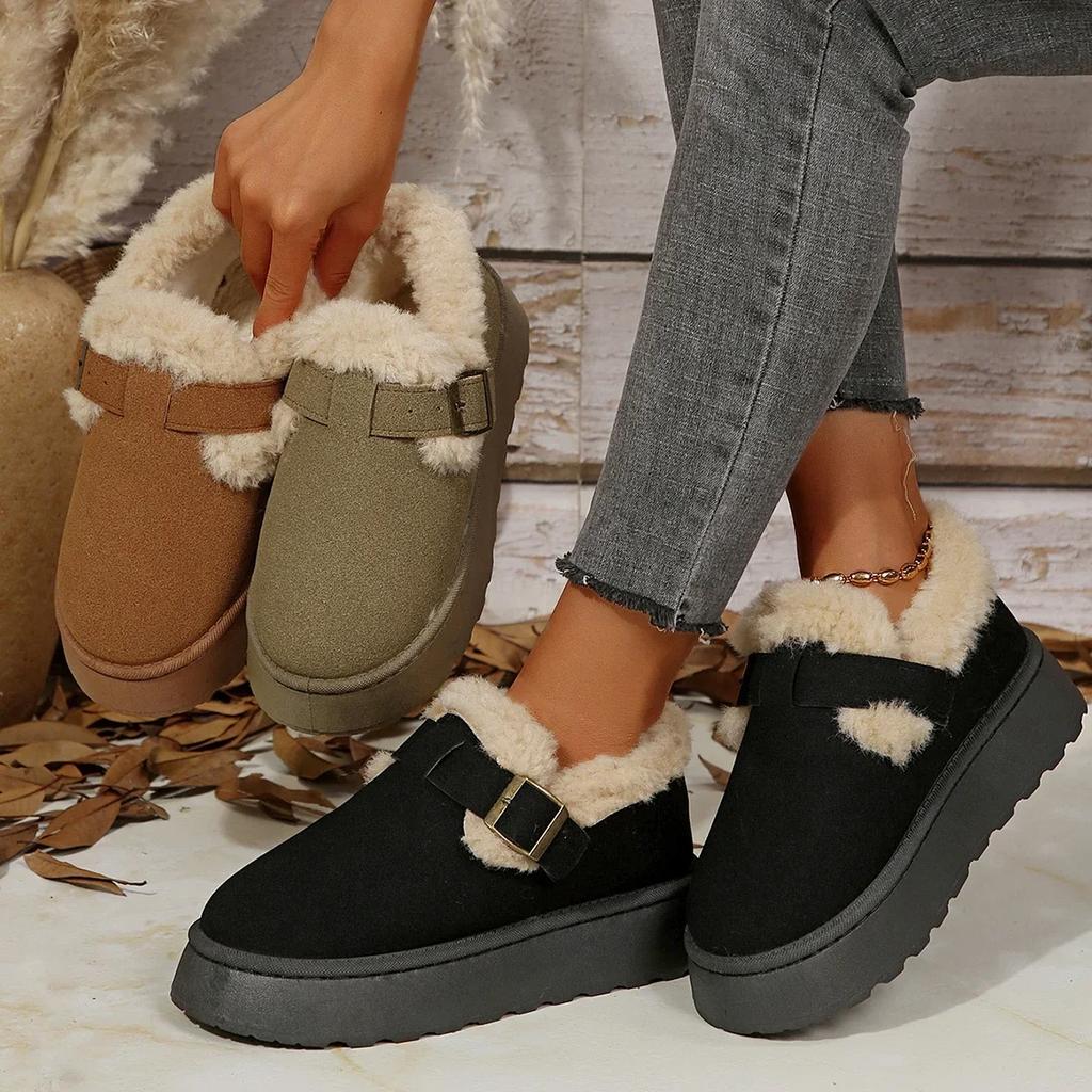 Neue Damen Schuhe Slipper Damen Stiefel Winter Runde Zehenpartie Einfarbig Wildleder Plüsch Warm Mittelhoch Absatz Schneestiefel Schwarz Botas Mujer