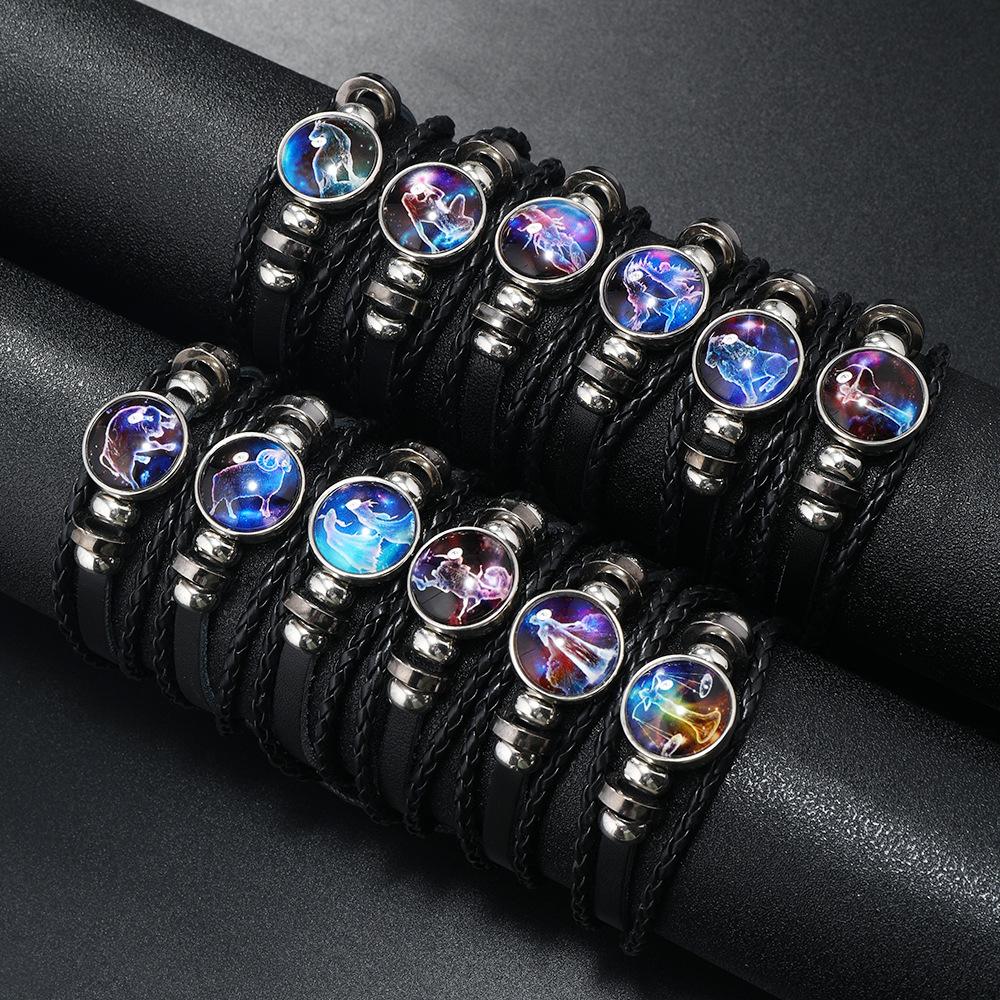 Bracciale Coppia Corda Mano 12 Costellazioni Multistrato Intrecciato Luminoso Gioiello, Unisex, San Valentino, Regalo di Compleanno