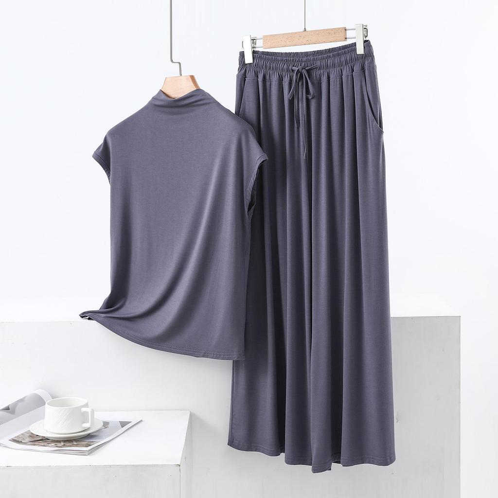 Summer High-Neck Sleeveless Top & Color Block Wide-Leg Pants Two-Piece Set