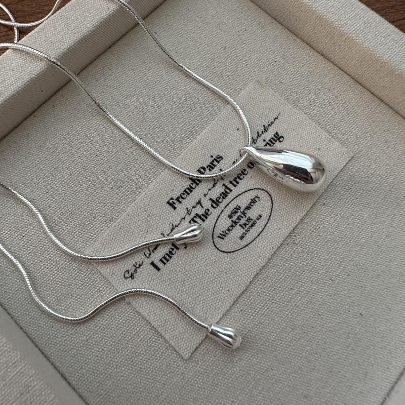 S925 Sterling Silver Korean Niche Design Pull-out Water Drop Necklace Fashion Simple Paragraph Sweater Chain 51-60cm&S925 Sterling Silver Neckalce