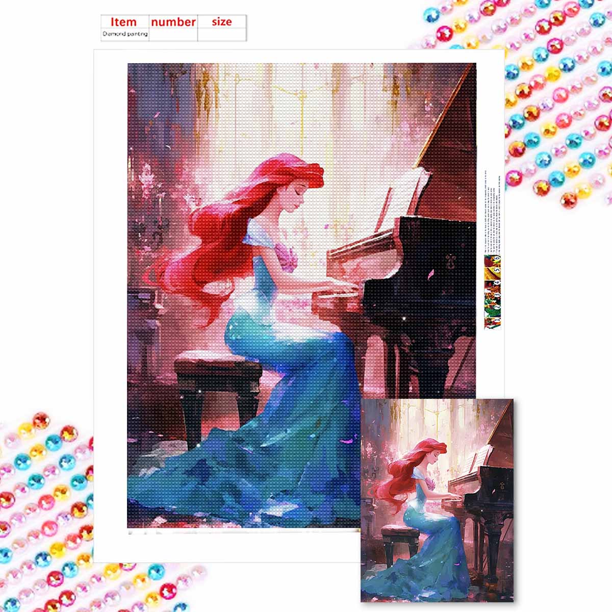 

5D Алмазная вышивка своими руками Принцесса Русалочка играет на пианино Полная выкладка Стразы Мозаика Вышивка Изделия ручной работы Домашний декор Подарок Round 20x30cm