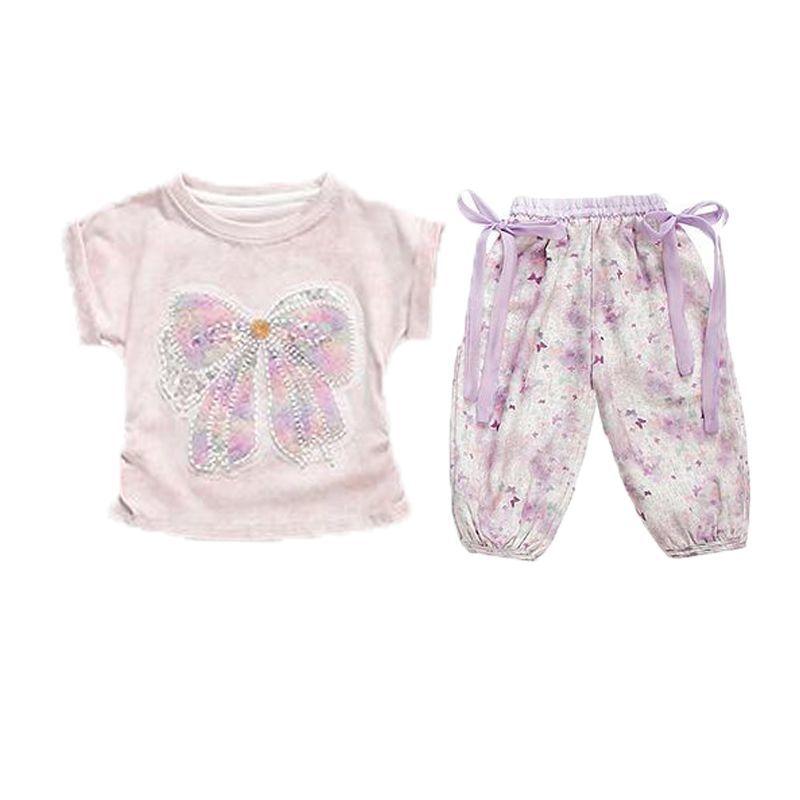 Butterfly Knot Girls' Sweet and Fashionable Tie Dye Set Summer Style Girls' Short Sleeved Lantern Pants Thin Two-piece Set