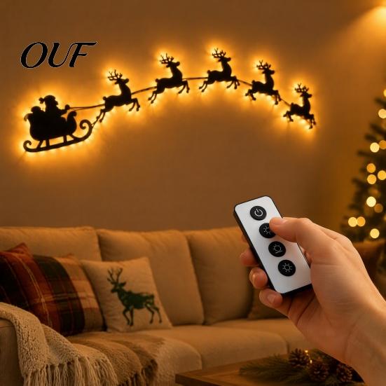 Reusable Christmas Wall Ornament Lighted Santa Sleigh Reindeer Decor with Remote, 3D Light Up Wood Peel Ambient for Bedroom And Stick Entryway