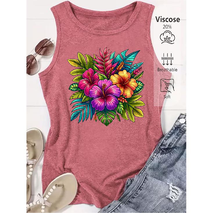 Elegant Vest for Women Tropical colorful hibiscus flower print casual loose summer vest Fashionable and elegant tops for commuting, vacation, and