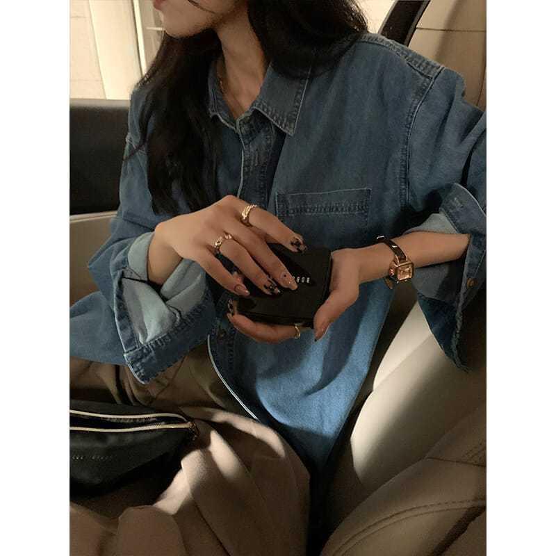 Autumn Women's Retro Denim Shirt - Casual, Slimming, Mid-Length, Long Sleeve Top
