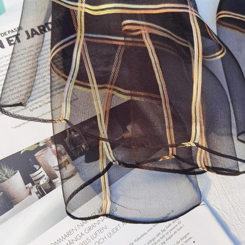 New Checkered Silk Scarf for Women, Solid Color Sunscreen Shawl Gold Thread Mulberry Silk Scarf for Women