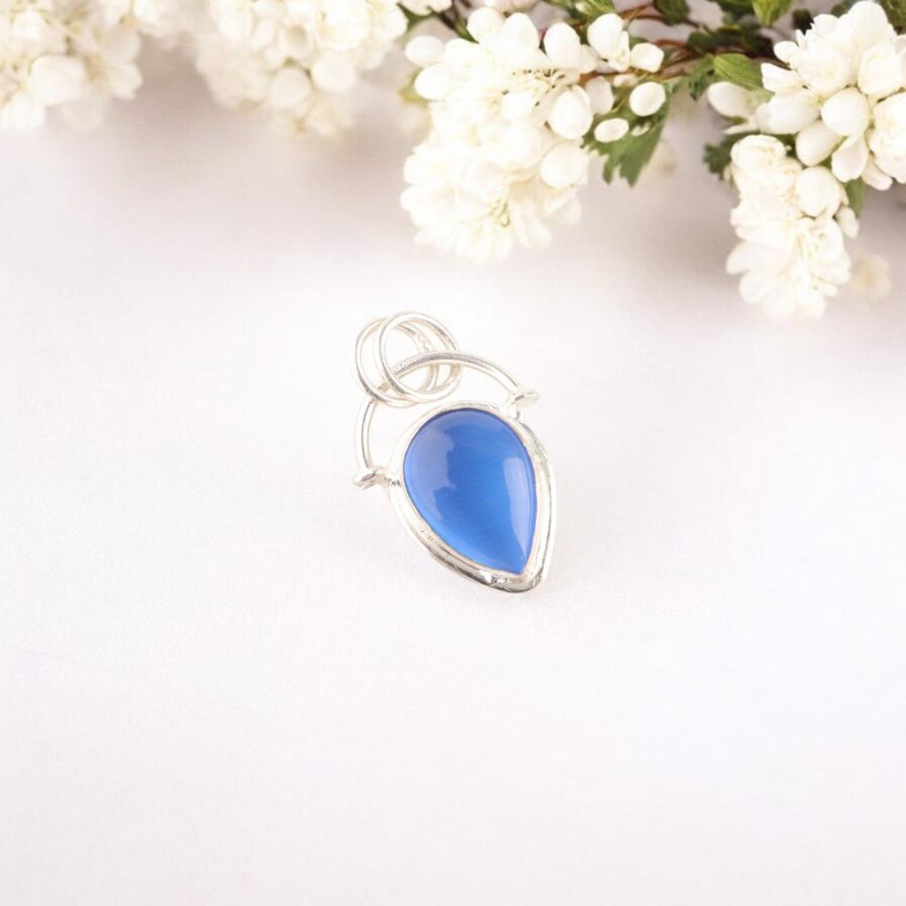 Dark Blue Cat's Eye Gemstone 925 Stamped Silver Jewelry Handmade Unique Pendant PP-56-37
