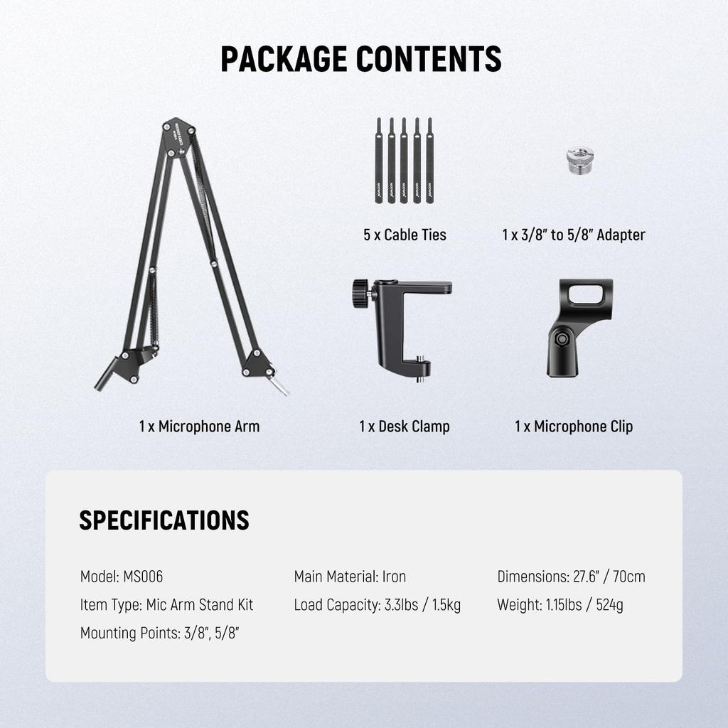 Neewer Basics Microphone Arm Stand, Microphone Suspension Boom, Desktop Mount with Clip and 38"-58" Adapter, Desktop Microphone Holder, Microphone
