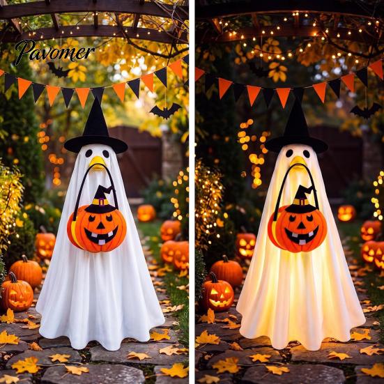 Easy to Wear Halloween Set Glowing Ghost Costume with Witch Hat & Pumpkin Tote Bag, LED Reusable Festival Clothing Light Up Fabric Outfit for