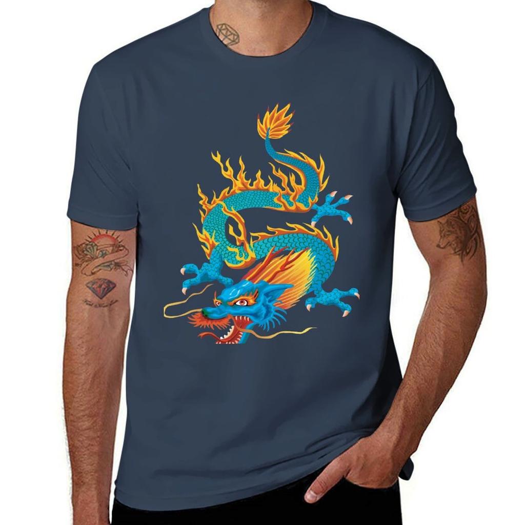 Blueyellow Oriental Dragon TShirt Big Size Short Sleeve Casual Top