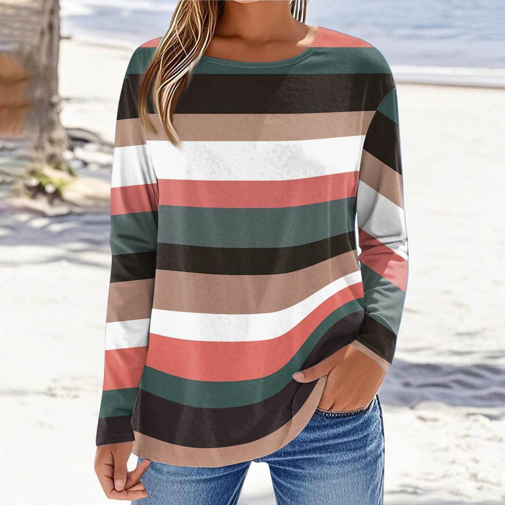 Women's Fashionable Casual Printed Long Sleeved Round Neck Top Round Neck Top Top