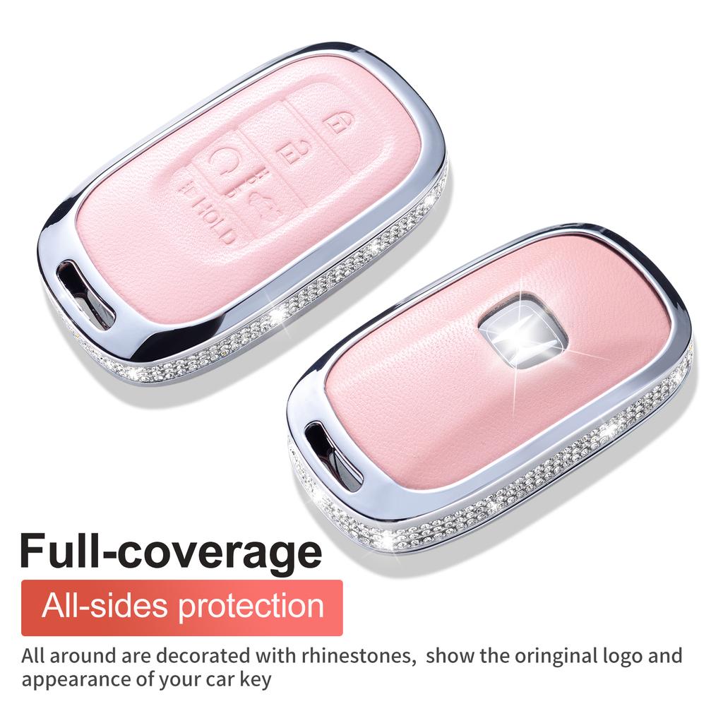 For Honda Key Fob Cover with Keychain, Pink Genuine Leather Crystal Key Case Protection Shell Compatible with 2022 Honda Accord