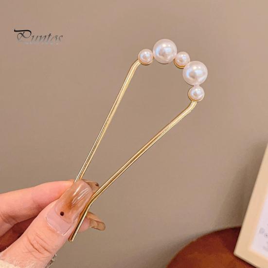 French Hair Fork Elegant Faux Pearl Anti-slip Long Thick Hair Updo Bun Metal U-Shaped Hair Pin Stick Women Girls Hair Accessories