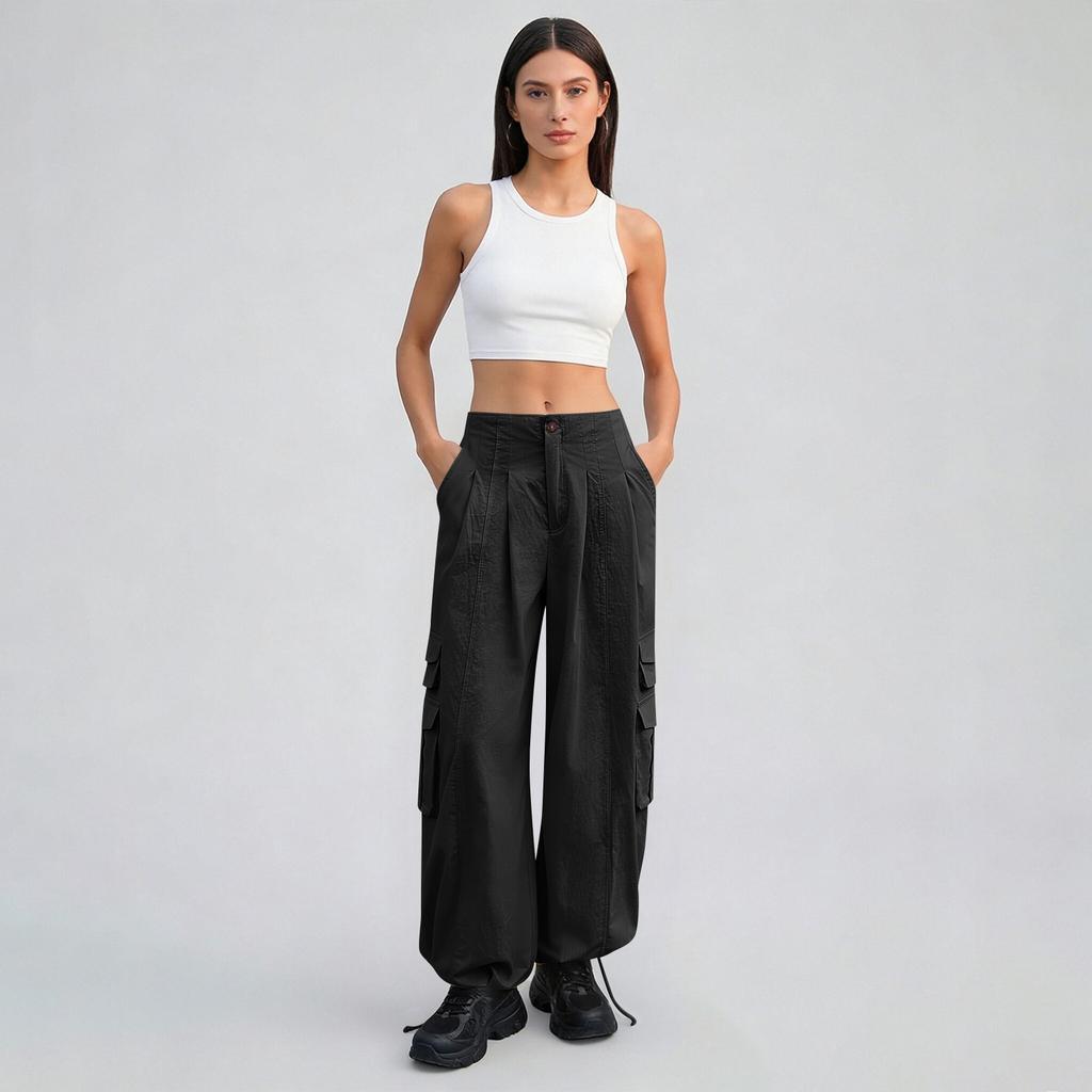 Women’s Loose Fit Wide Leg Cargo Pants with Multiple Pockets High Waist Button Closure Casual Trousers for Daily Wear