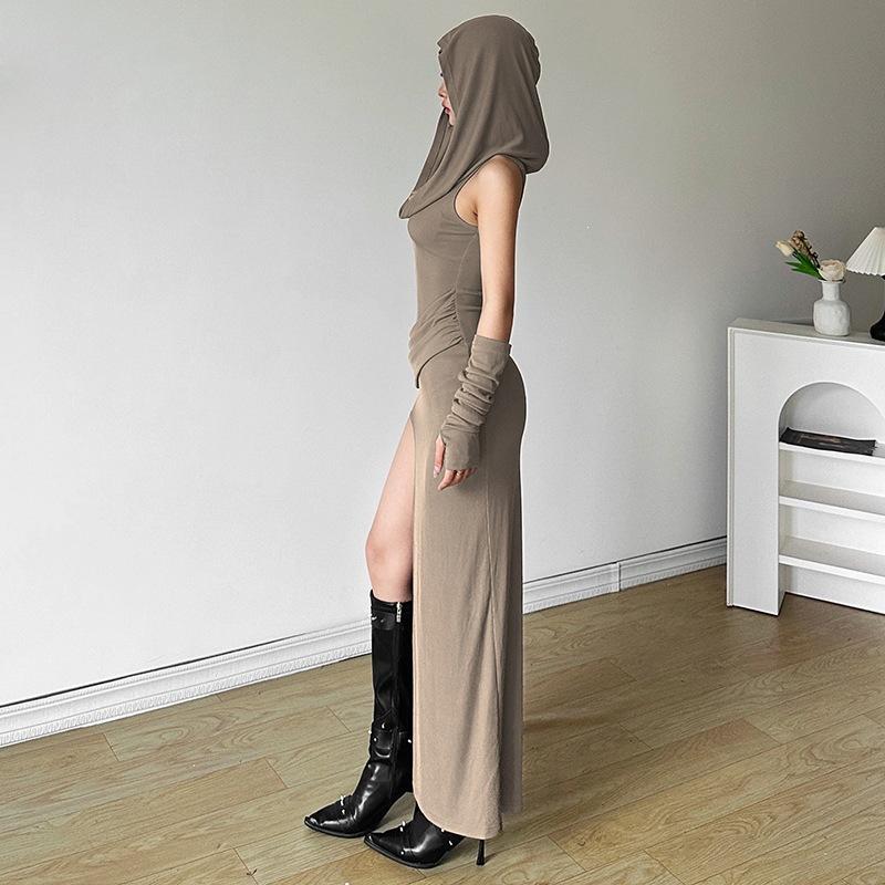2026 European and American Style Summer New Women's Clothing Solid Color Slim-fitting High-waisted Fashion Hooded Sleeveless Split Dress